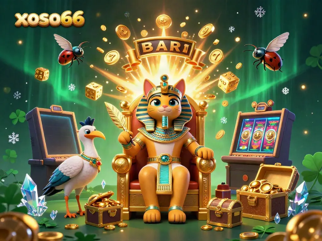 Immerse in the excitement of xoso66 with an elegant Egyptian pharaoh cat amidst a jackpot explosion of coins and casino elements.
