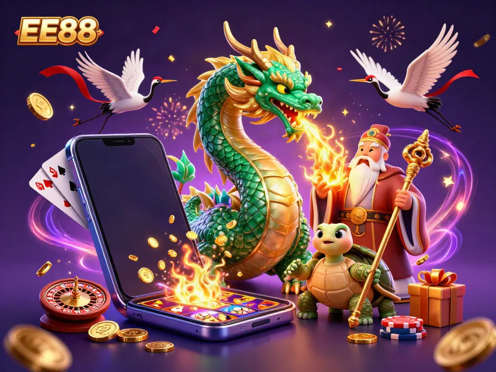 Win big with EE88 features a jade dragon, turtle sage, and lucky cranes combined with vibrant slot game elements.