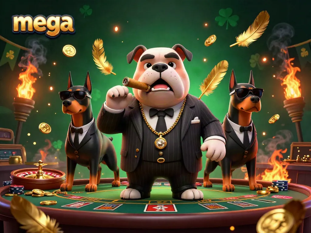 The mega casino scene showcases a mafia boss bulldog and bodyguard Doberman pinschers amidst a dynamic gambling arena.