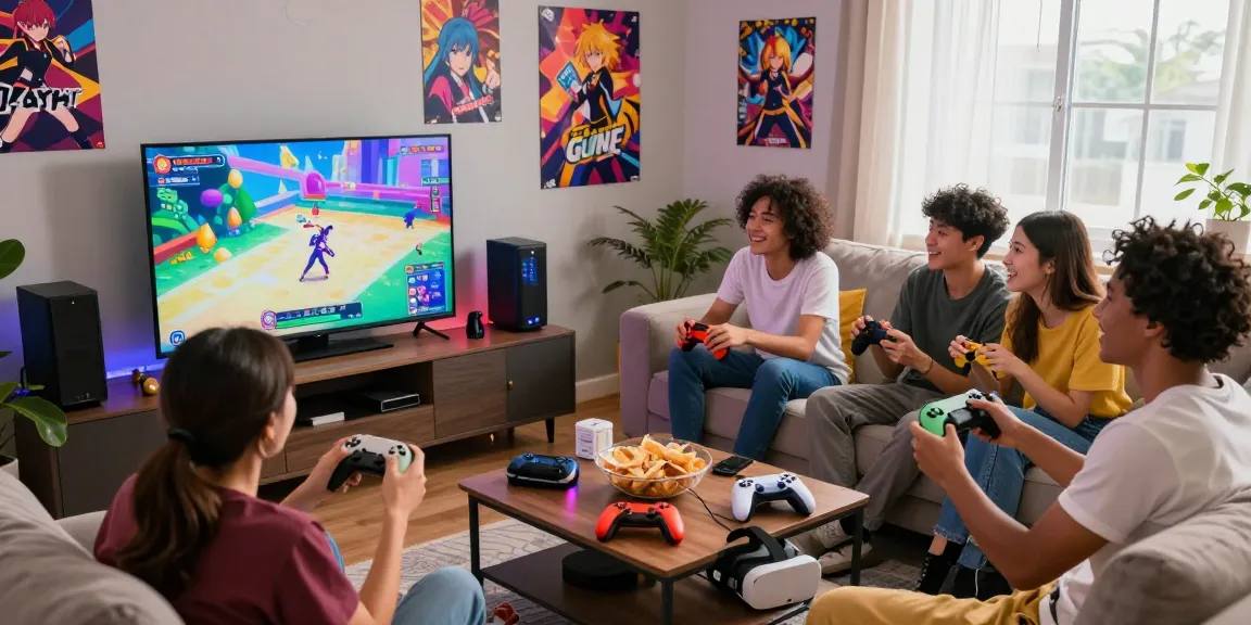 Group of friends enjoying a hentaigame in a cozy living room, surrounded by gaming devices and snacks.