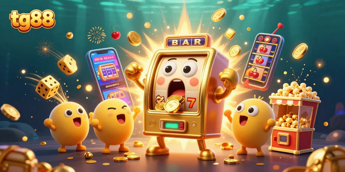 Experience tg88's vibrant jackpot moment with a golden slot machine celebrating wins amidst coins and cheers.