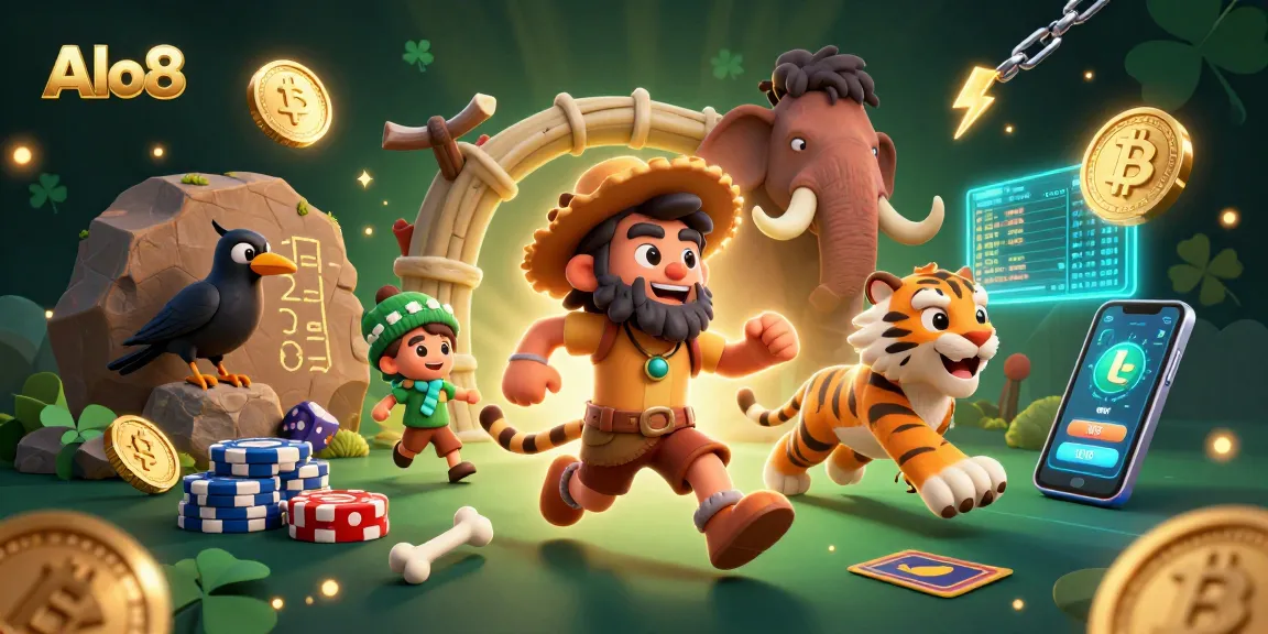 Alo8 showcases a lively prehistoric casino scene with a caveman, sabertooth tiger, and crow managing games.