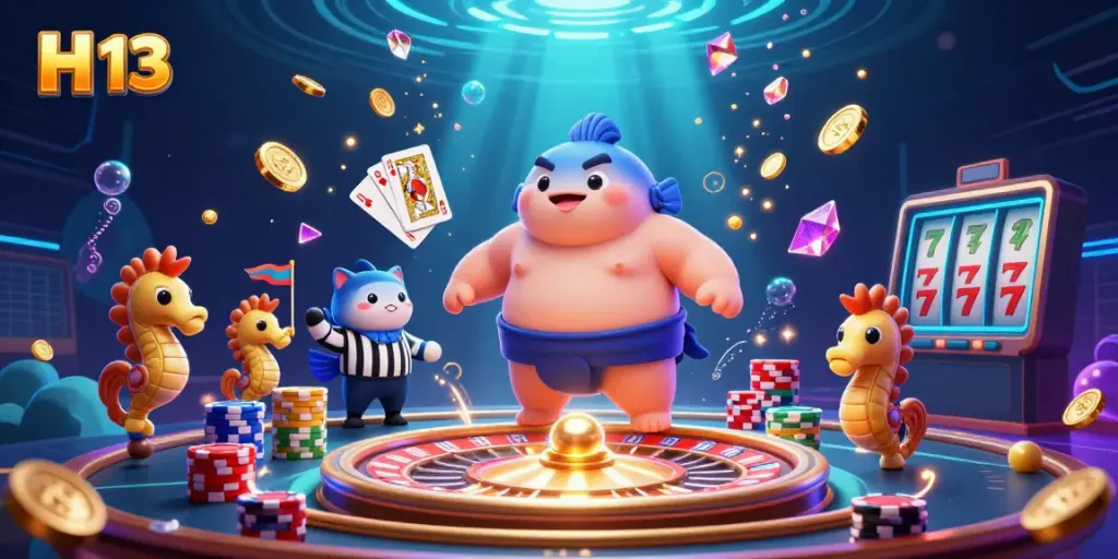Experience thrilling underwater gaming at H 13 with a fugu in a ring as spectators cheer.