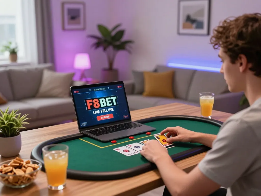 Player enjoying F8BET live dealer game from a cozy home setup, showcasing online gaming excitement.