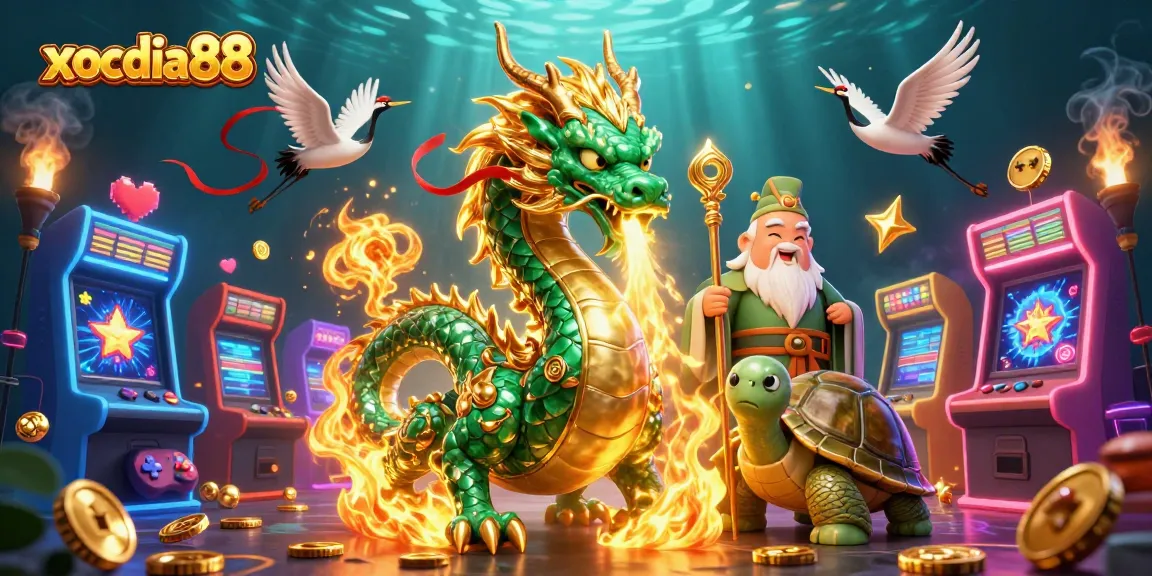 xocdia88 showcases a dynamic 3D casino illustration featuring a jade dragon, turtle sage, and lucky cranes.