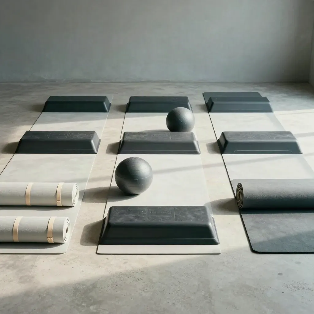 Susun atur studio berkumpulan dari atas dengan step platform, tikar gulung dan bola medicine.