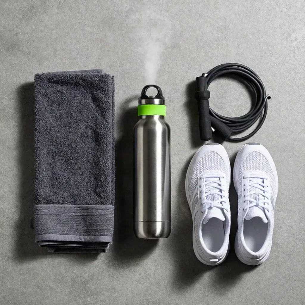 Flatlay kasut latihan, tali lompat dan botol air di atas konkrit kelabu dengan tuala.