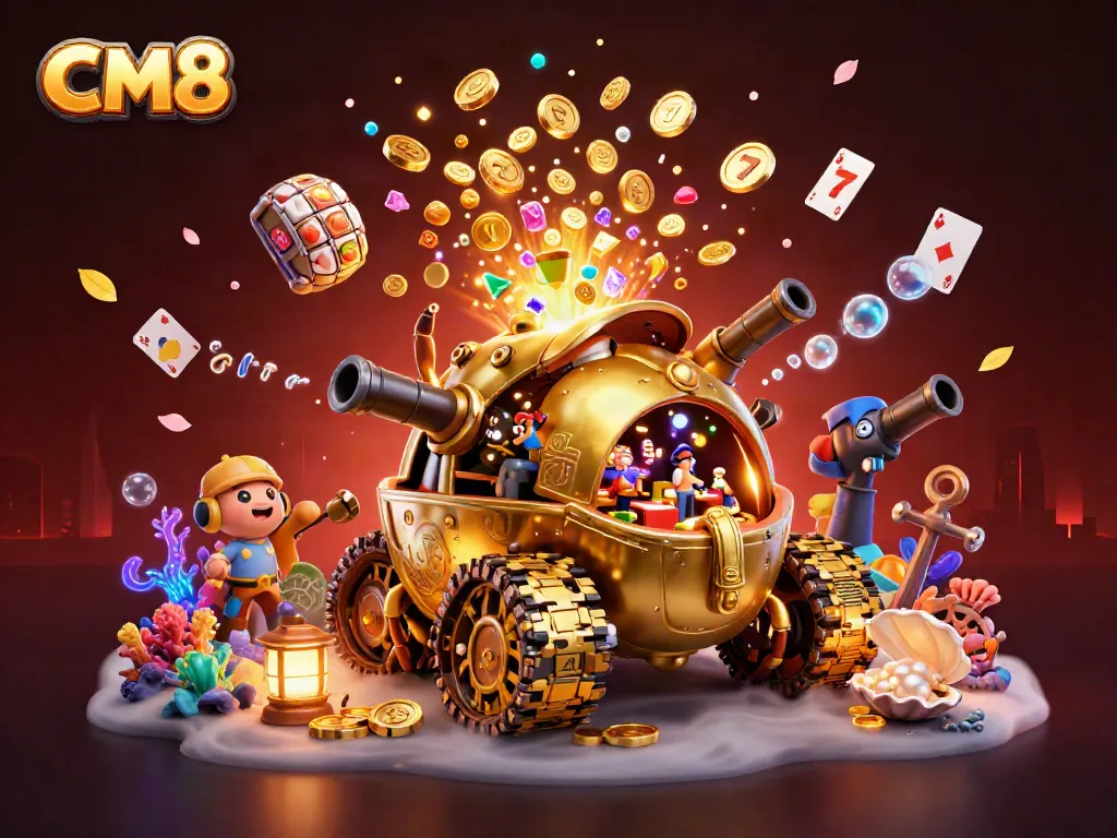 Win big at CM8's vibrant casino scene with gold coins and lively slot reels.