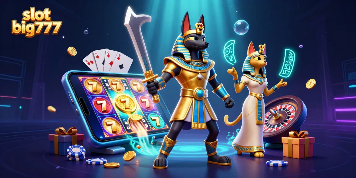 Spin for riches with slot big777 featuring Anubis and Bastet amid vibrant casino elements.