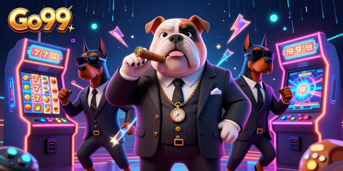 Experience Go99's vibrant casino atmosphere with a mafia-themed digital illustration featuring arcade elements.