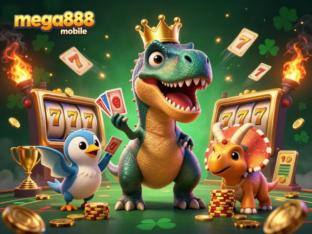Experience mega888 mobile action with friendly dinosaurs playing cards in a vibrant casino scene.