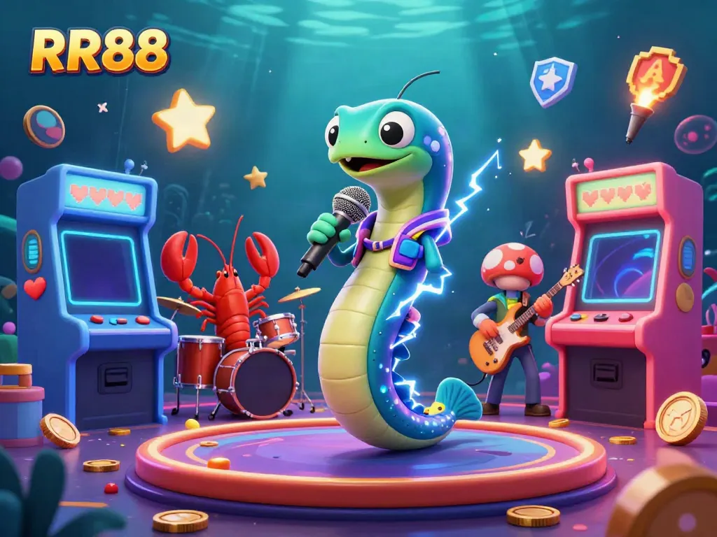Experience the electrifying underwater casino scene with RR88, featuring a DJ electric eel and vibrant arcade games.