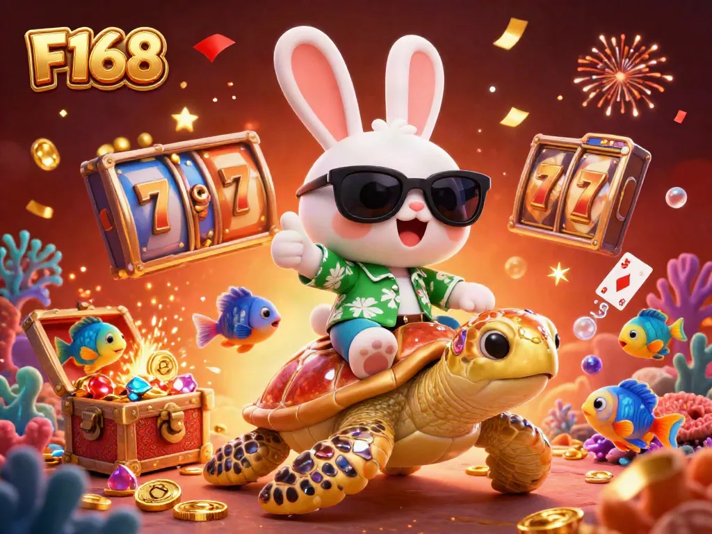 F168 showcases thrilling slot games with vibrant elements in a celebratory underwater scene.