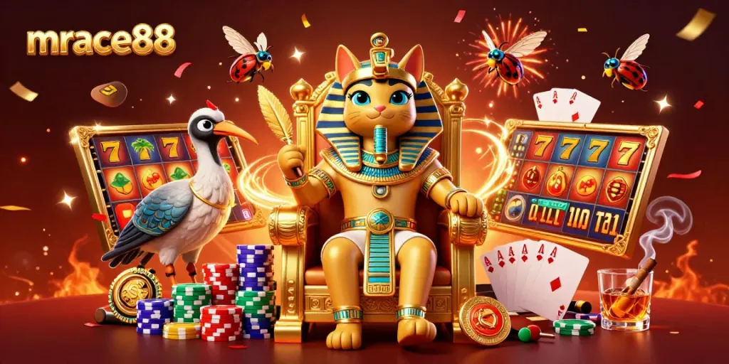 Experience the excitement of mrace88 with an Egyptian pharaoh cat in a dynamic casino scene.