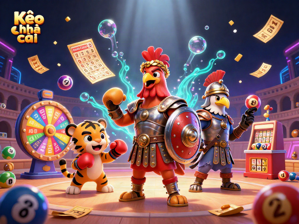 Kèo nhà cái features a vibrant 3D scene with a rooster in armor, lottery elements, and energetic dynamics.