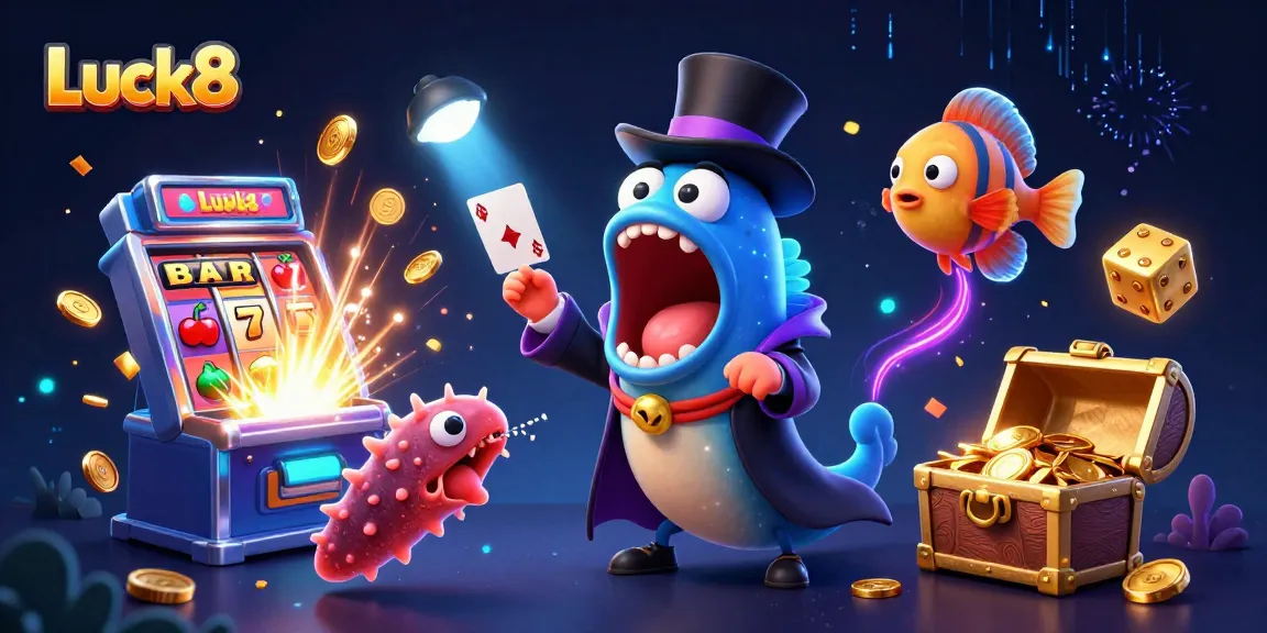 Luck8's thrilling scene of a bioluminescent eel magician performing tricks alongside casino games.