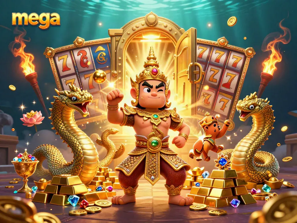 Experience mega winnings with a friendly yaksha guardian among casino treasures.