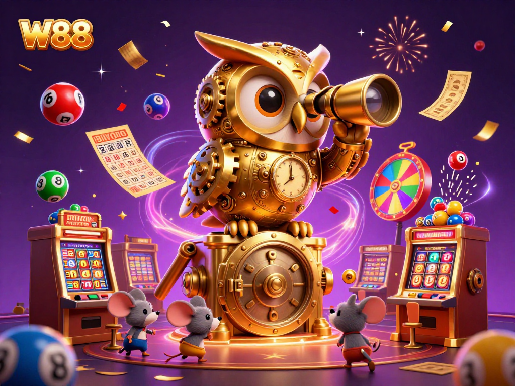 Engage with W88's vibrant casino experience featuring a gold owl and animated game elements.