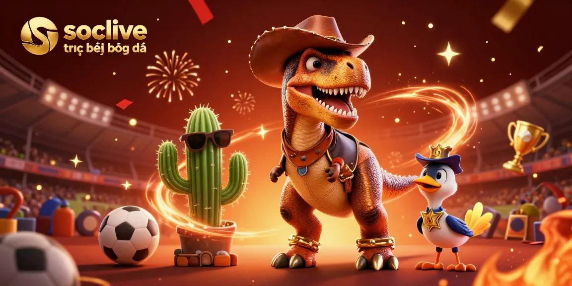 Engage in thrilling soccer matches with socolive trực tiếp bóng đá as a dinosaur cowboy and friends celebrate bets.