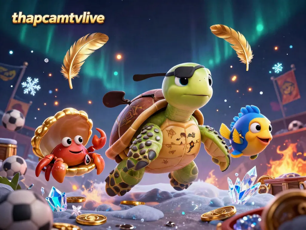 Engage in live sports betting excitement with thapcamtvlive's vibrant animated scene featuring a pirate turtle and crab amidst dynamic elements.