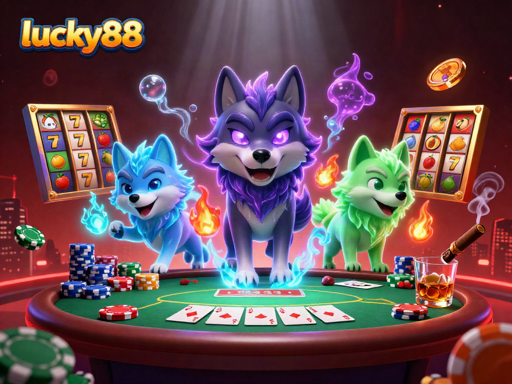 Experience the lucky88 slot excitement with vibrant 3D characters in a casino setting featuring poker elements.