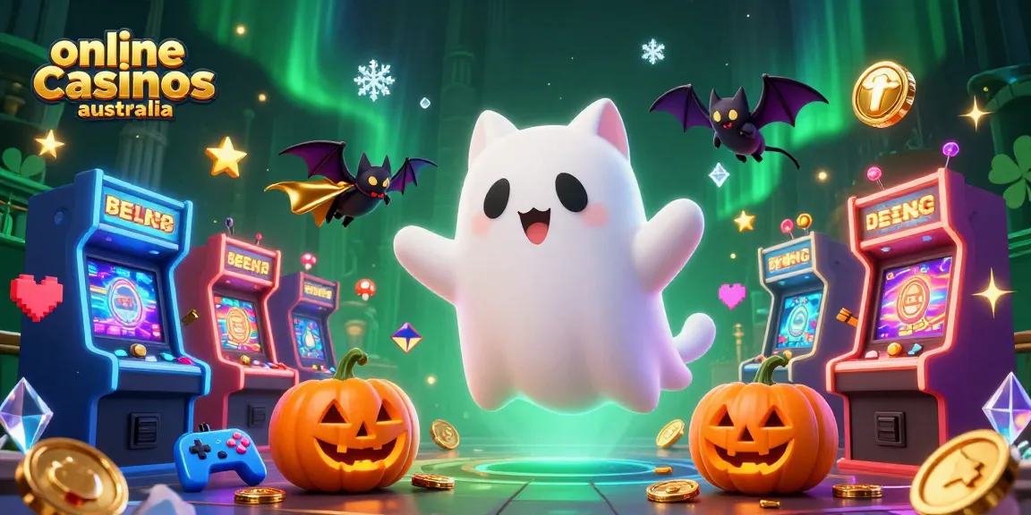 Experience vibrant online casinos Australia with a ghost cat, vampire bat, and spooky fruit symbols.