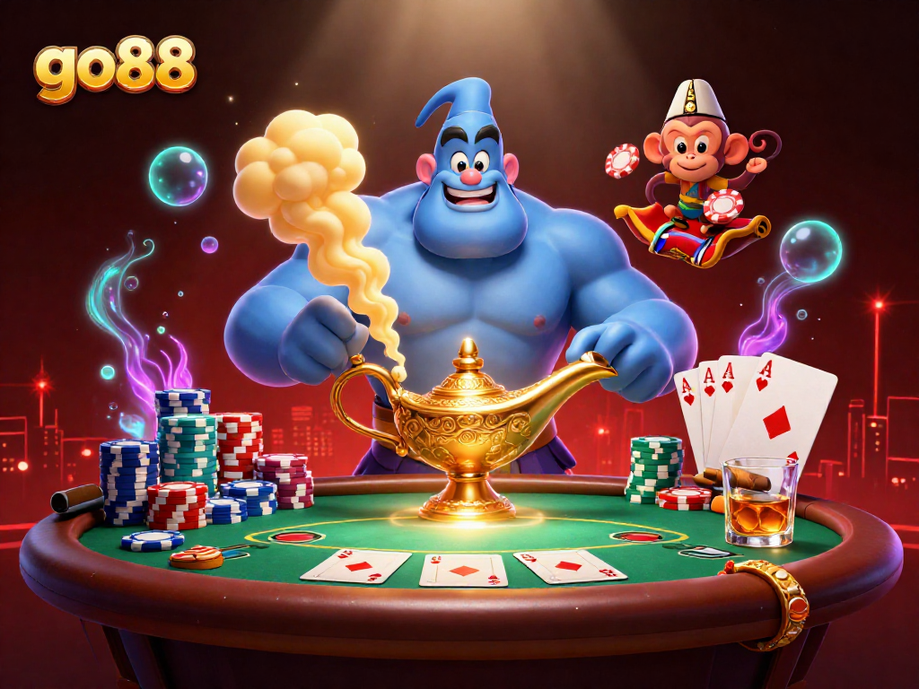 Engage in vibrant go88 action with a genie, monkey, and magic carpet in this thrilling casino scene.