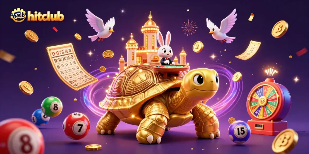 Experience the thrill of web hitclub with a vibrant 3D illustration showcasing a magical tortoise casino and dynamic game elements.