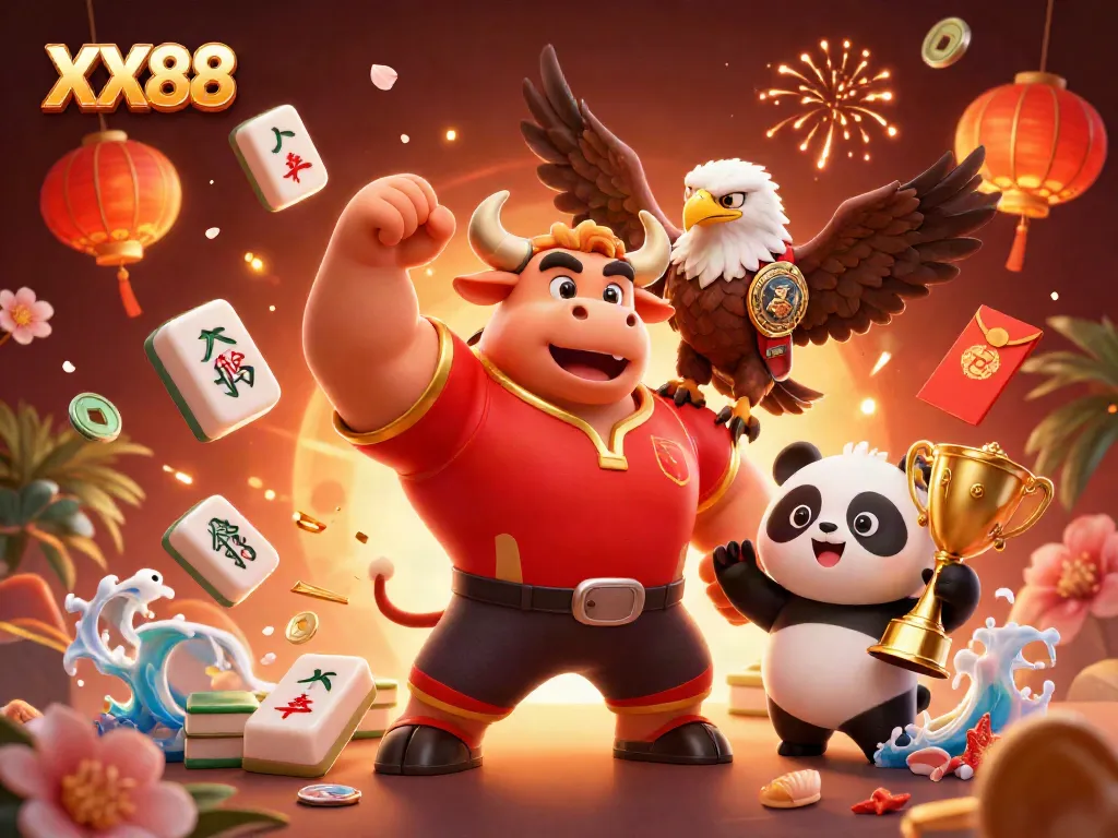 Victory scene with XX88 characters celebrating amidst casino elements, perfect for engaging players.