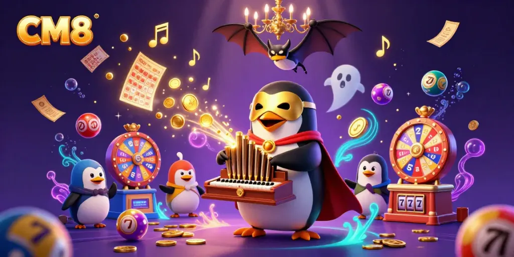 Experience the excitement of CM8 with a dynamic illustration of casino elements like slot reels and a pirate-themed penguin.