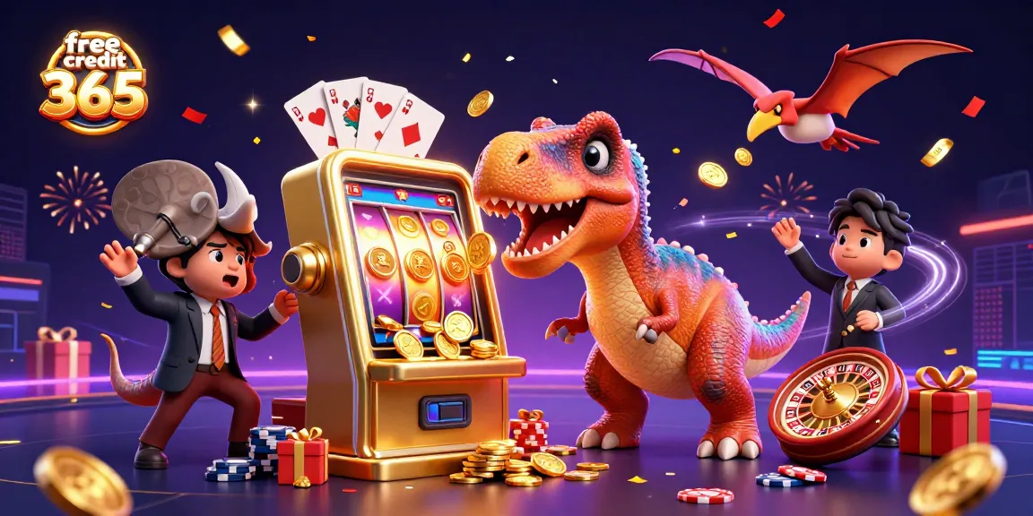 Experience thrill and winning with free credit 365 as a dinosaur celebrates golden jackpot coins!