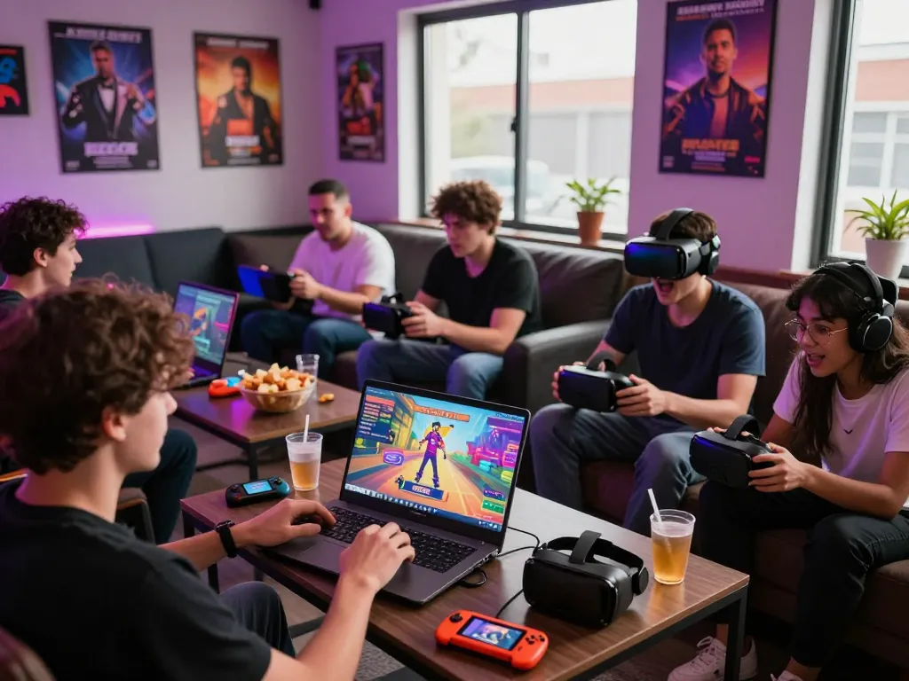 Players enjoying gay porn games in a vibrant gaming lounge setting, highlighting a fun and engaging atmosphere.