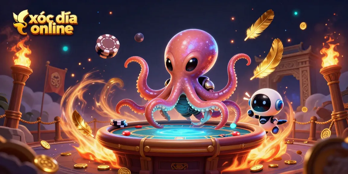Experience xóc đĩa online excitement with a 3D alien octopus at a holographic poker table.