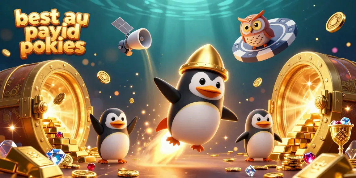Win big with the best au payid pokies as a golden penguin flies to a casino chip station in this dynamic scene.