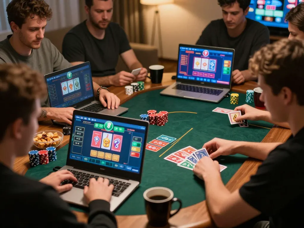 Players using gamebaidoithuong to engage in online poker with strategic decisions in a cozy home environment