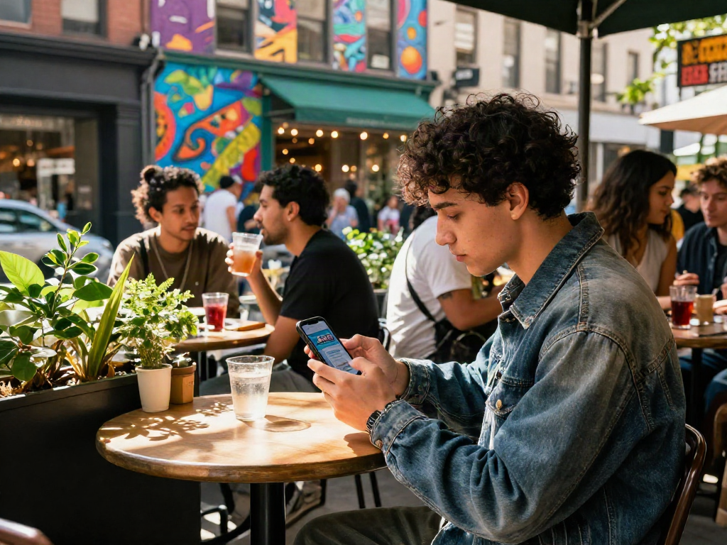 Engaging urban scene with a user exploring the rokok88 app at a trendy café.