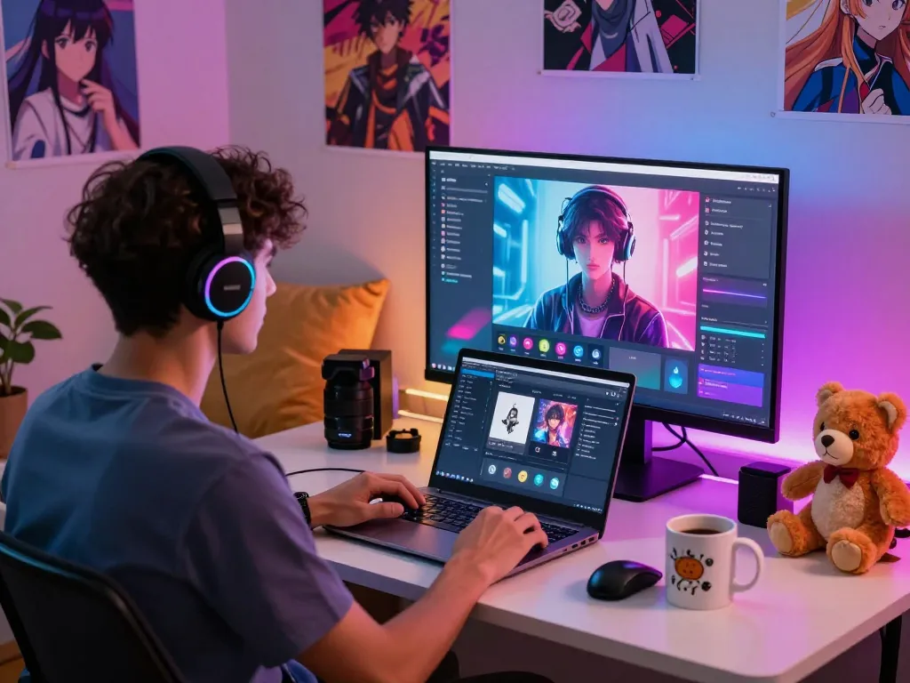 Interactive 18+ ai chat environment with user engaging with AI character on screen.