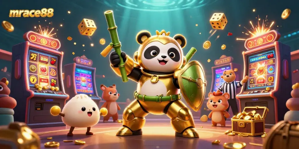Experience thrilling gaming at mrace88 with an action-packed casino illustration featuring vibrant characters and elements.