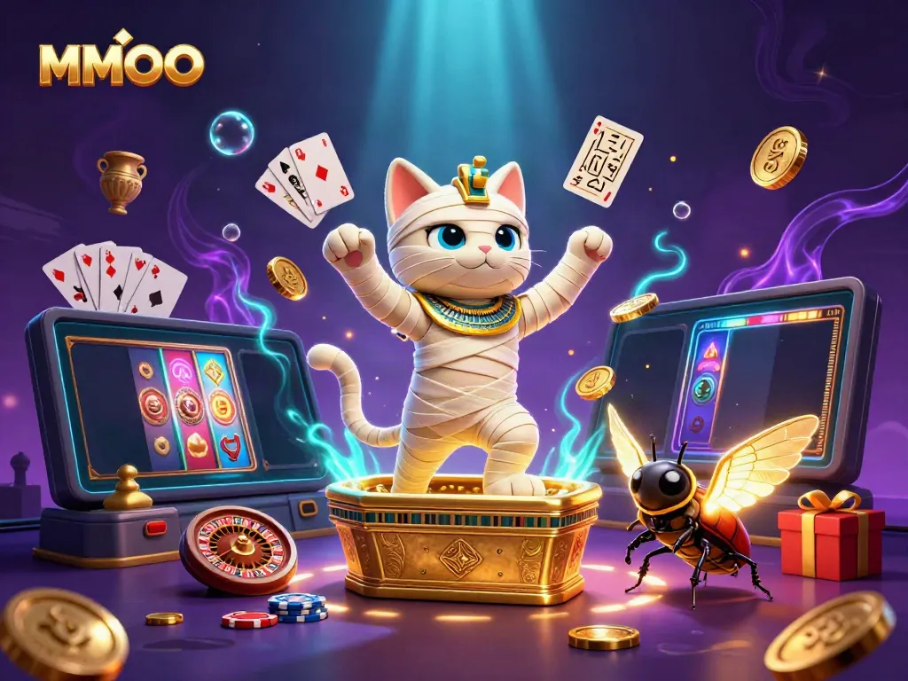 MMOO casino scene featuring an Egyptian mummy cat and glowing scarab beetle with exciting gaming elements bursting forth.
