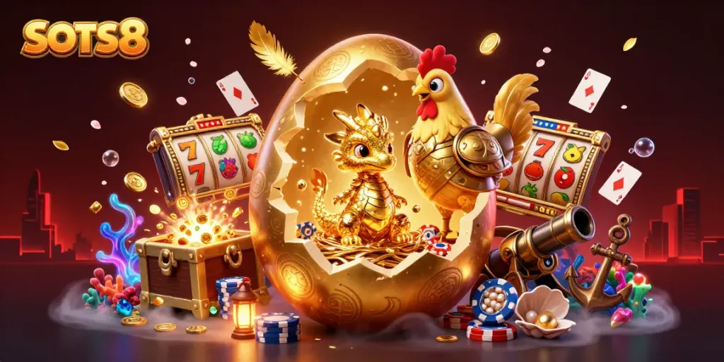 SLOTS8 showcases a golden dragon amidst vibrant casino elements, evoking excitement in a dynamic scene.