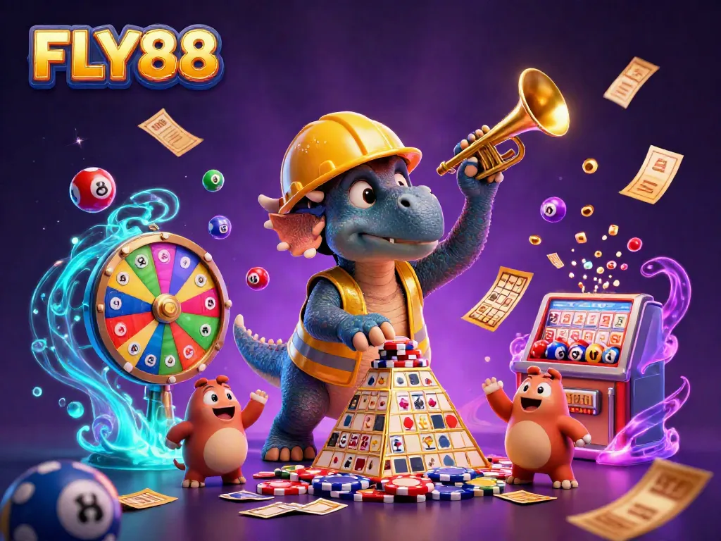 FLY88 triceratops builds poker chip pyramid amid celebratory elements in a colorful casino scene.