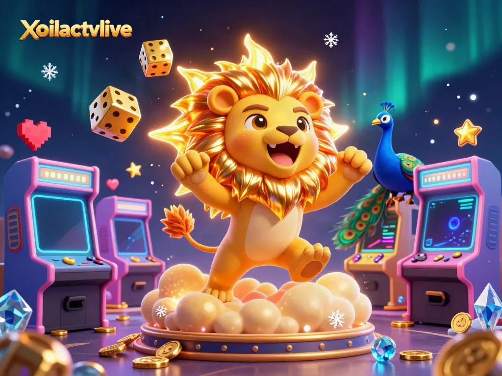 Xoilactvlive offers a lively gambling scene featuring a roaring lion, dice, and vibrant gaming elements.