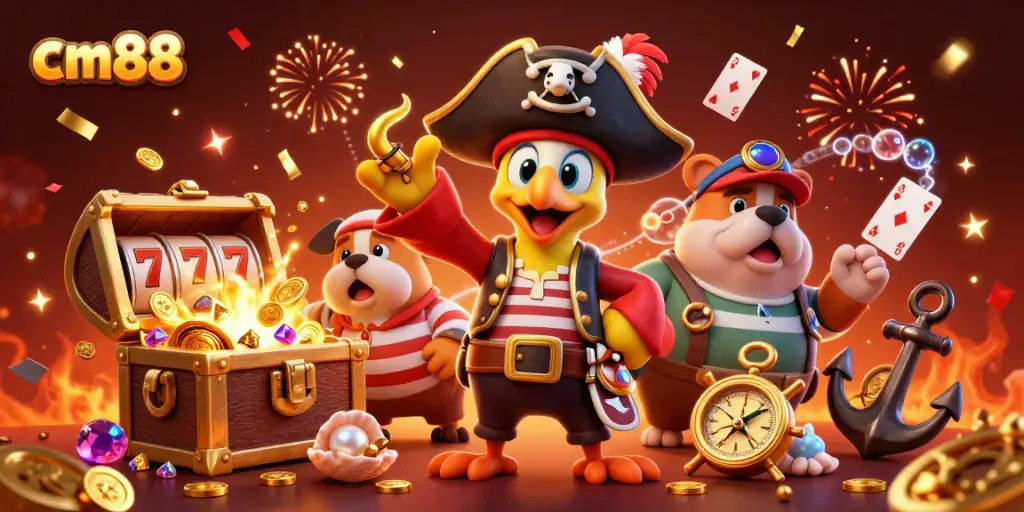 Win big at cm88 with a vibrant 3D casino scene featuring colorful characters and gaming elements.