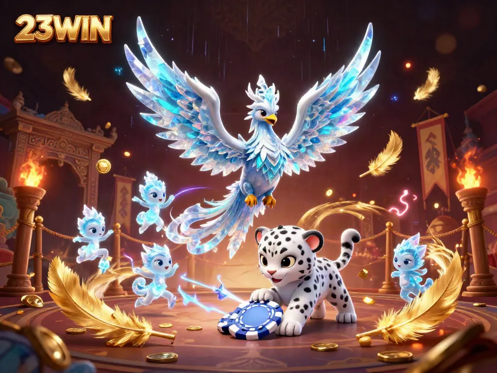 Play at 23WIN with an exciting 3D scene showcasing an ice phoenix and a snow leopard cub.