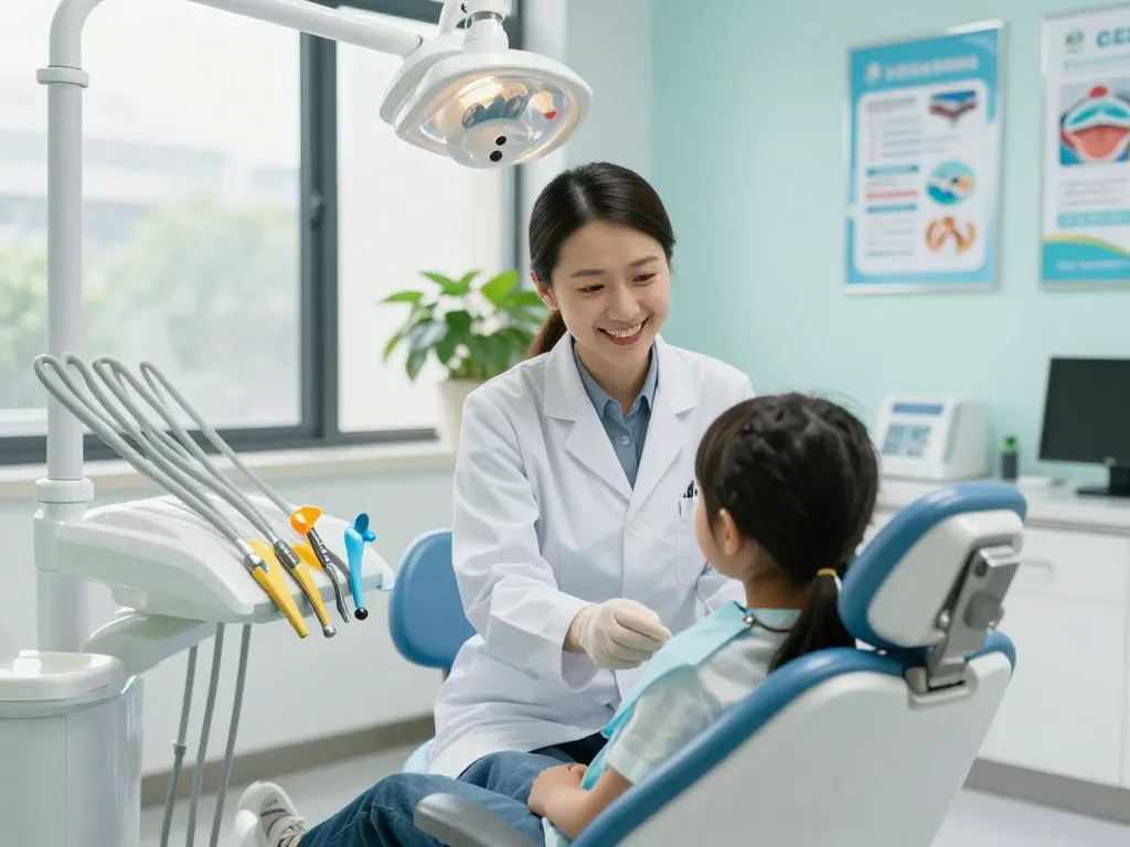 Dentist near me interacting with a young patient in modern, inviting dental clinic.