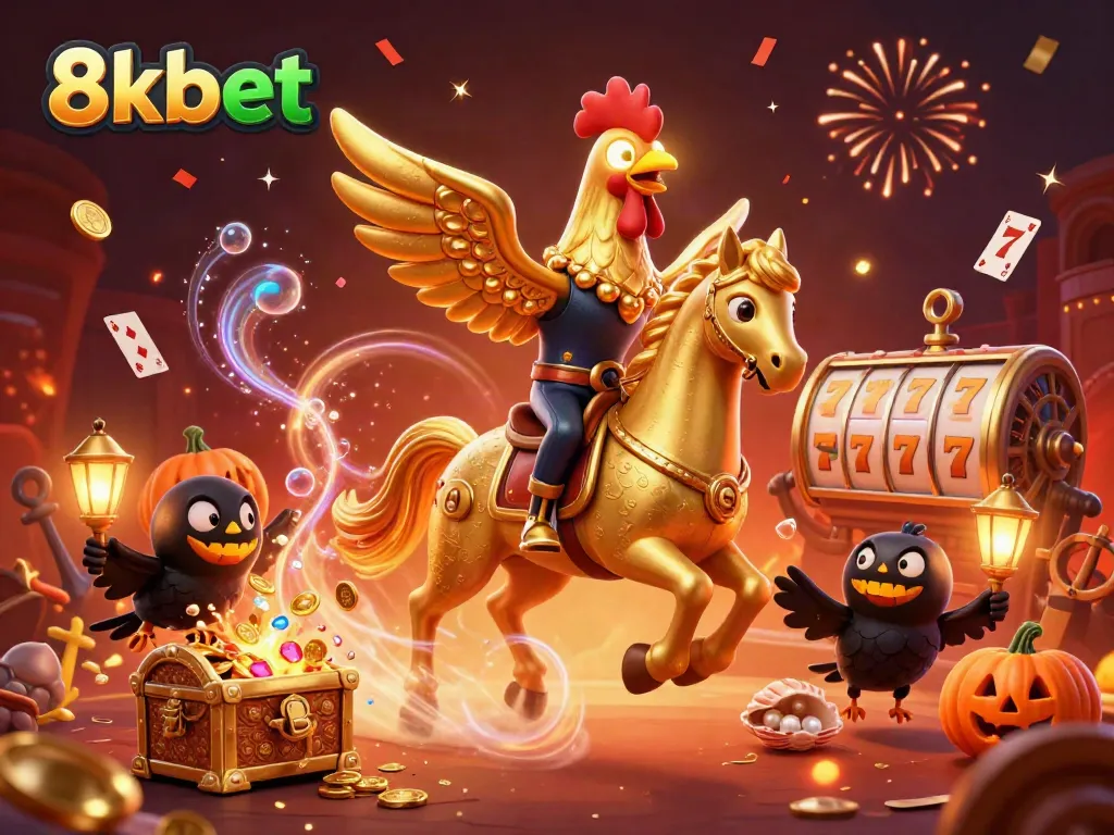 Experience the excitement of 8kbet with a festive golden rooster and casino decorations, celebrating wins!