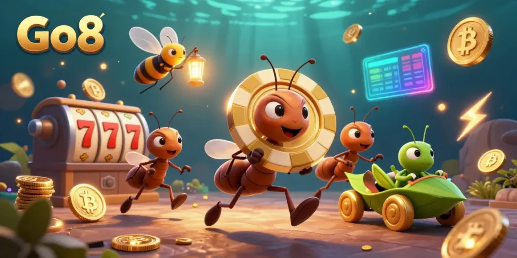 Go8 heist scene with ants carrying a poker chip, slot reels, and golden coins for online gambling.