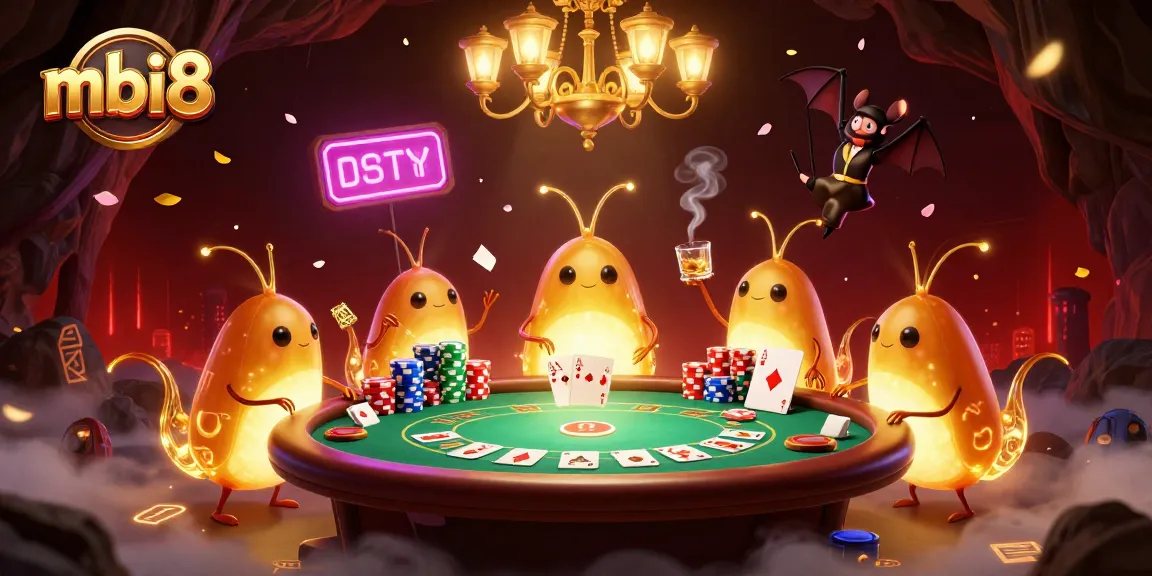 Join the fun at mbi8, a vibrant cave casino scene with glowing characters and poker action.