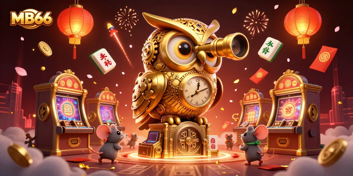 Experience the thrill of MB66 with a stunning clockwork owl overlooking a bustling casino scene filled with vibrant game elements.