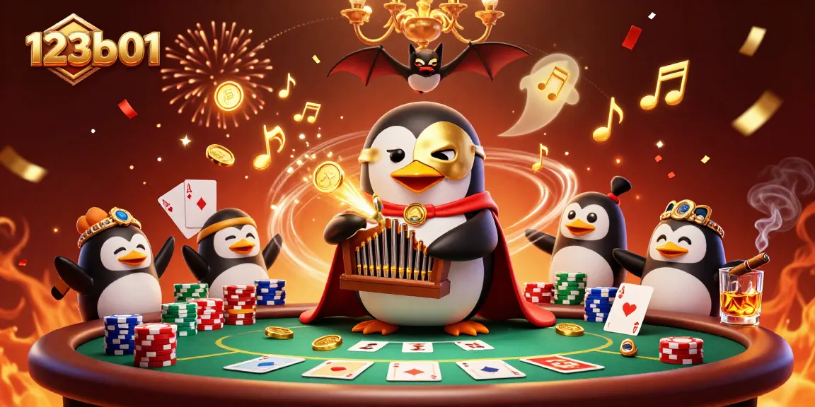 Experience the excitement at 123b01 with a lively casino scene featuring a penguin and poker elements.